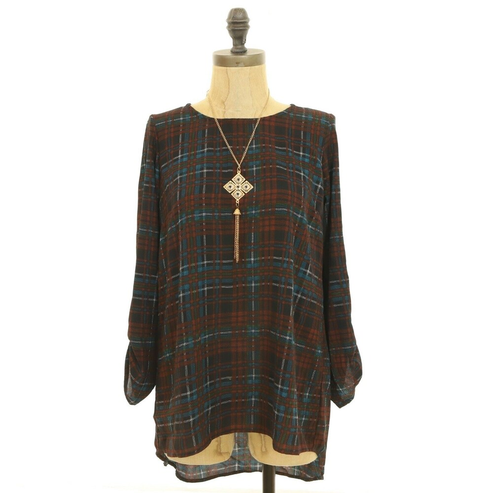 Bobeau Plaid Tunic Top Size S Hi Low 3/4 Roll Tab Sleeve Red Black EUC B78